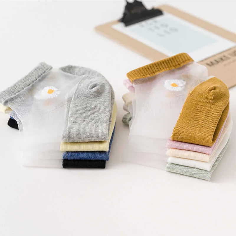 5Pairs Summer Women Socks Crystal Silk Daisy Sock Invisible Breathable Casual Socks Comfortable Cotton Ankle Sock for Women