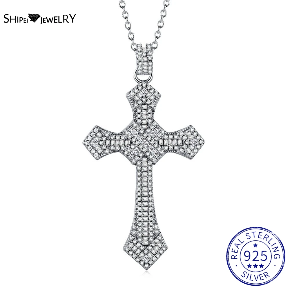 

Shipei Fashion Personality 925 Sterling Silver Created Moissanite Gemstone Hip Hop Cross Pendant Necklace Fine Jewelry Wholesale