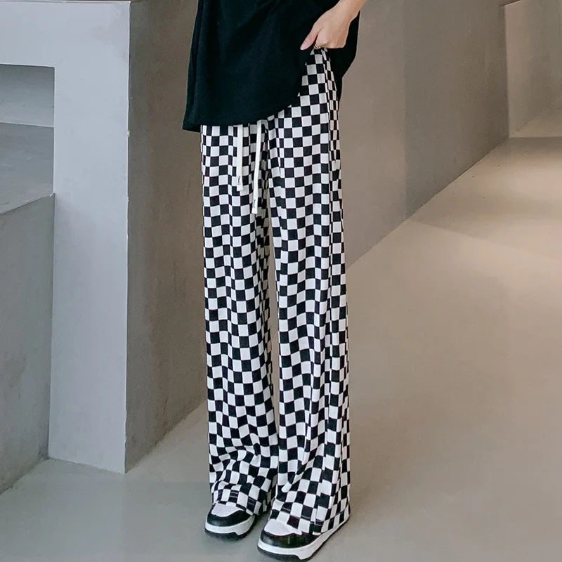 

Korean Fashion Ice Silk Wide Leg Pants Women'S Summer Thin 2022 New Lattice High Waist Hanging Loose Straight Tube Floor Pants