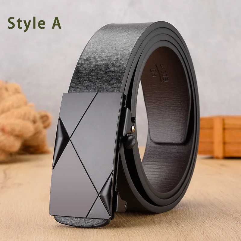 Men Leather Belt Classic Alloy Automatic Buckle Belt Solid Color Smooth PU Buckle Men's Business
