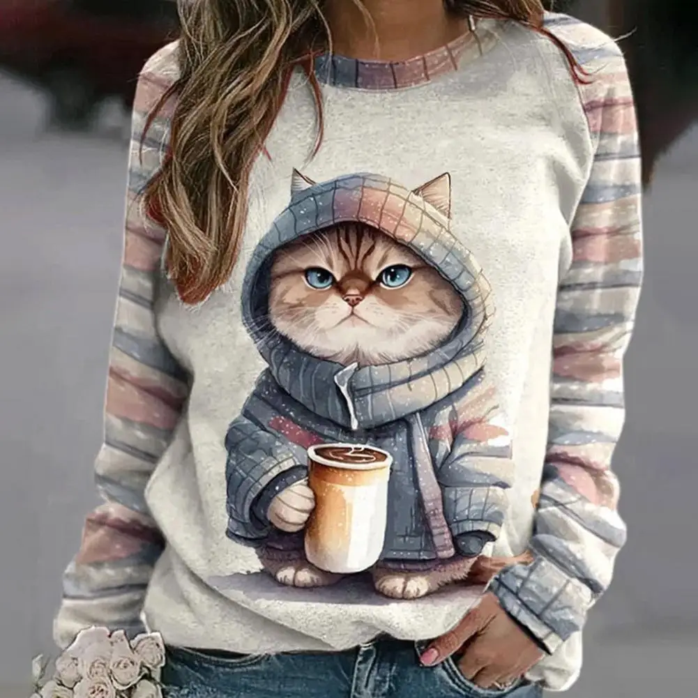 

Round Neck Pullover Cartoon Cat Print Women's Loose Fit Sweatshirt Round Neck Long Sleeve Pullover Top for Autumn Winter Stylish