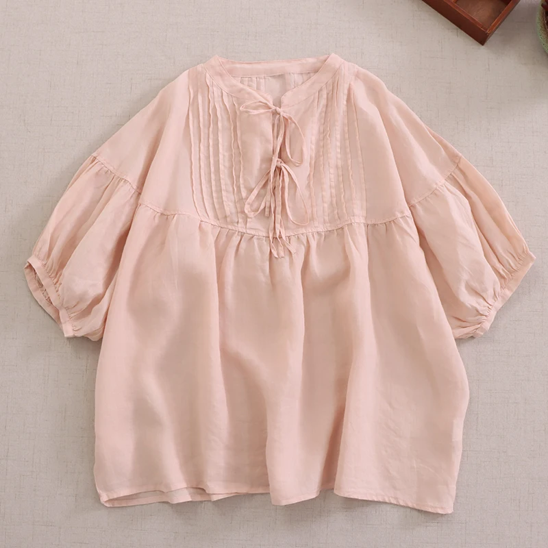 

Summer New Sweet Light Ramie Tops Women Casual Pleated Top XQ0604-02