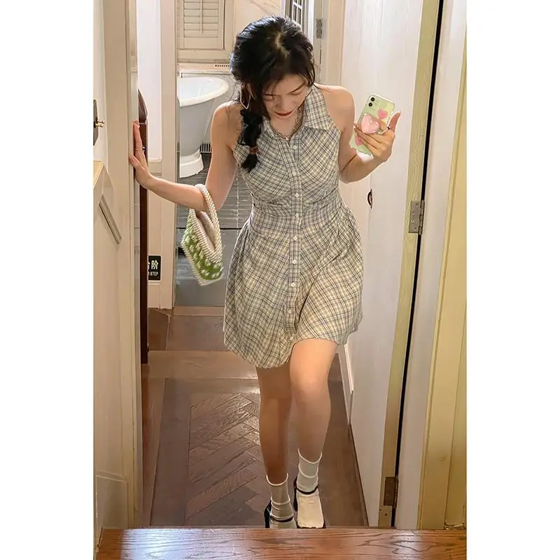 

French Plaid Vintage Sleeveless Petticoat Summer New Spice Girl Closed Waist Commuting Show Thin Girl Dress
