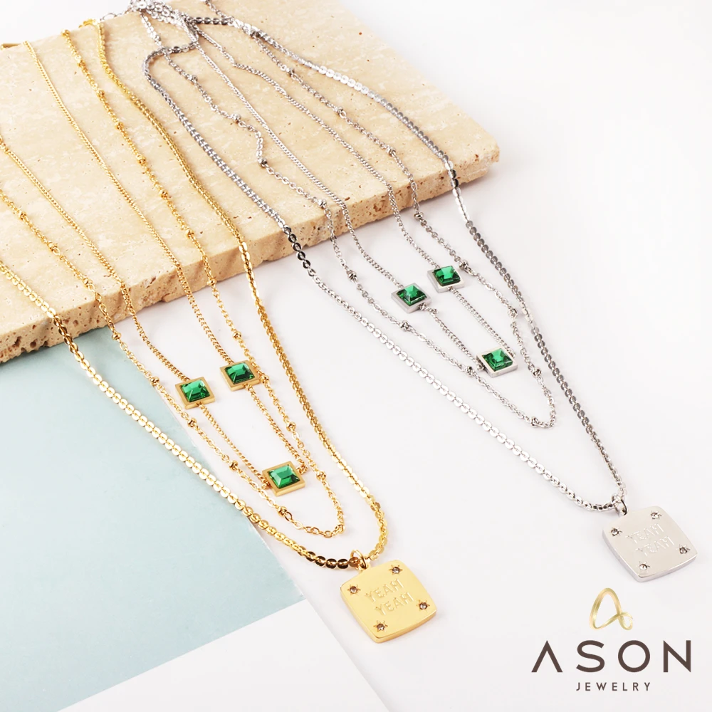 

ASONSTEEL Fashion Square Charm Cubic Zirconia Accessories Multi-layer Chain Pendant Necklace Stainless Steel Women Jewelry Party