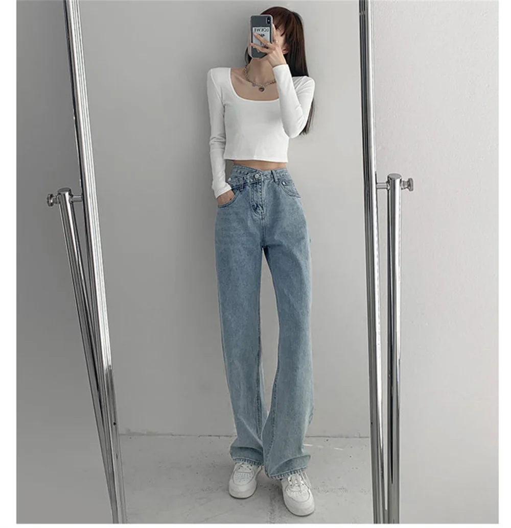 2022 Retro Style High-Waist Design Cross-Waist Jeans Women's Summer New Slim Straight Drapey Mopping Trousers