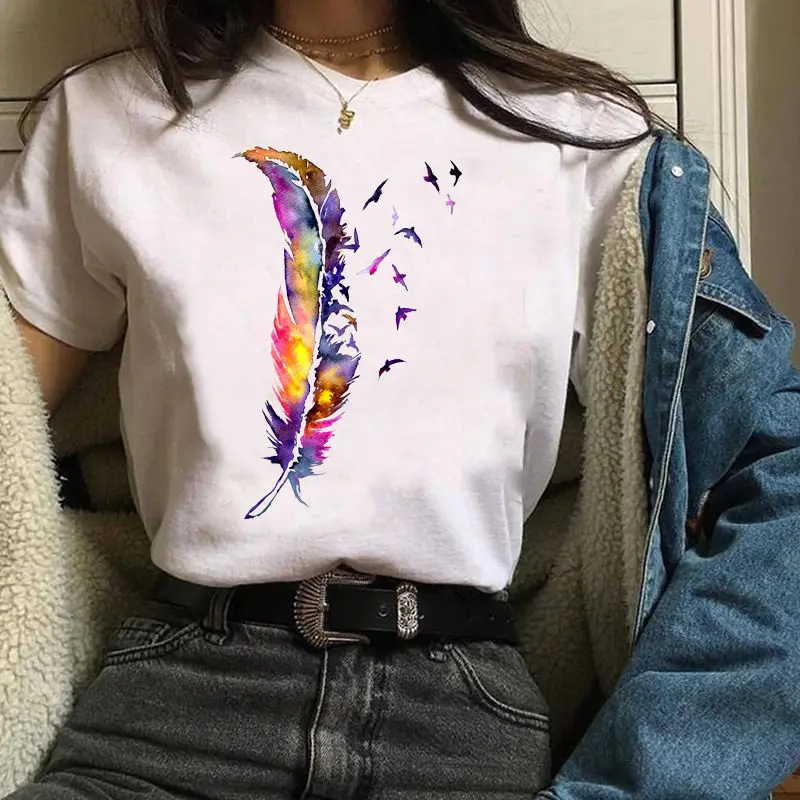 

Women's T-shirt Watercolor Feather Fashion Print T-shirt Harajuku Graphic Aesthetic Casual 90s Tee Top Women