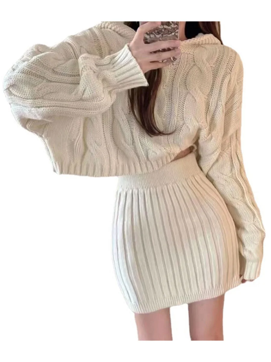 

Женский трикотажный комплект с юбкой, свитер с длинным рукавом и капюшоном и мини-юбка с эластичным поясом, осенний наряд
