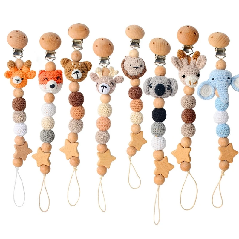 

Baby Pacifier Chain Clip Crochet Cartoon Animals Nursing Teether Soother Holder Beech Wooden Clip DIY Dummy Nipple Holder Leash
