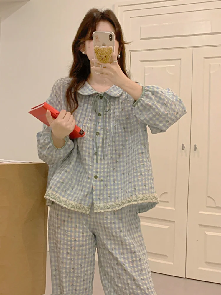 Женский клетчатый пижамный комплект с длинными рукавами S/M/L цвет в ассортименте