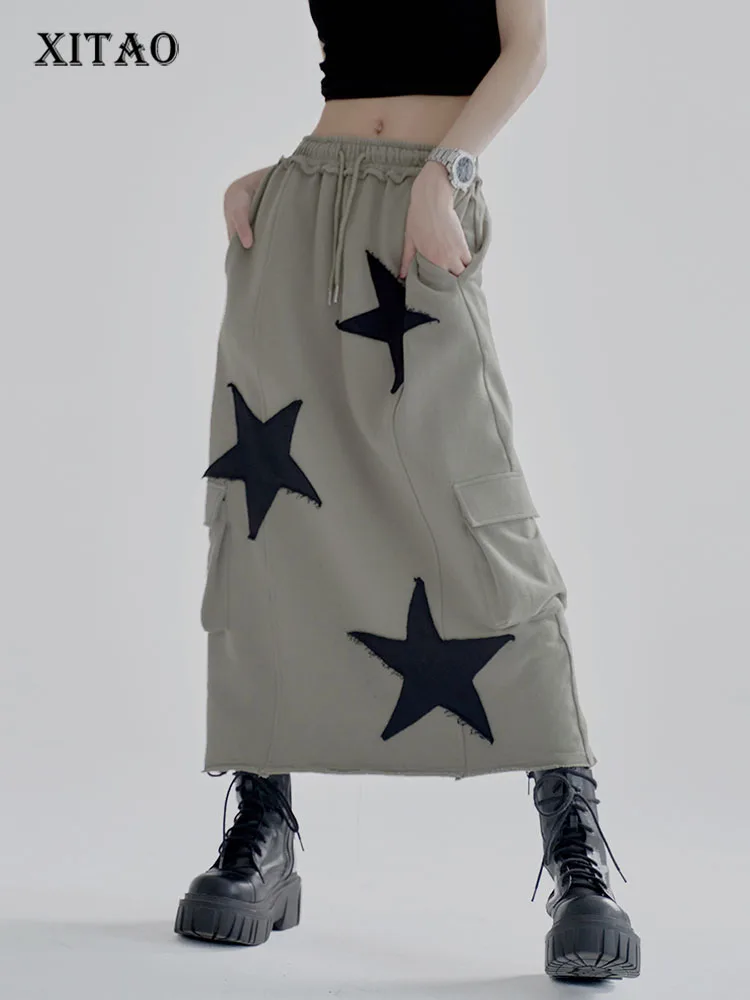 

XITAO Casual Skirt Loose Fashion Contrast Color Patchwork Straight Elastic Waist Skirt Autumn New All-match Women ZY7412