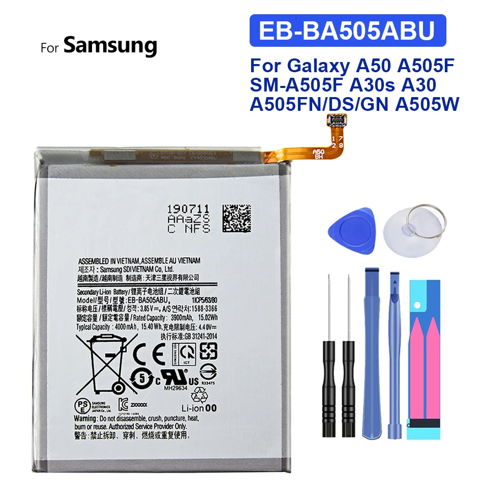 EB-BA505ABN EB-BA505ABU 4000mAh аккумулятор для Galaxy A50 A505F SM-A505F A505FN/DS A505GN/DS A505W A30s A30 SM-A507FN A50S аккумулятор