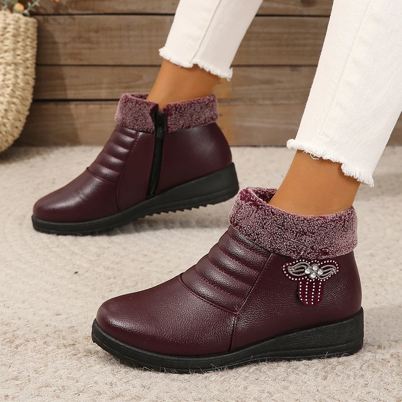 

Женские меховые ботильоны на плоской подошве, со стразами, Повседневная Теплая обувь из хлопка, женские короткие плюшевые ботинки, женские зимние ботинки, 2024