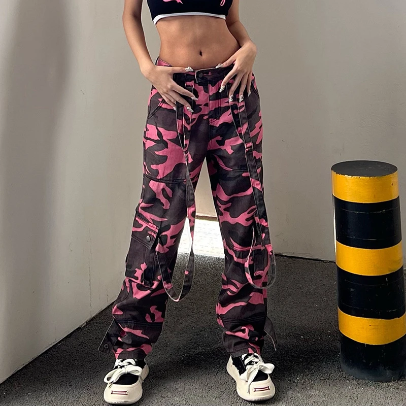 

Summer Fashion Streetwear Camouflage Contrast Color Ribbon Denim Trousers Low Waist Y2k Mom Jeans Women Cargo Jeans Baggy Jeans