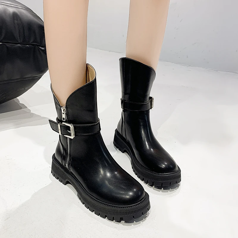 Round Head Square Heel Mid Tube Women's Casual Ankle Boots 2022 Autumn New Fashion Platform Buckle Zipper Women's Chelsea Boots