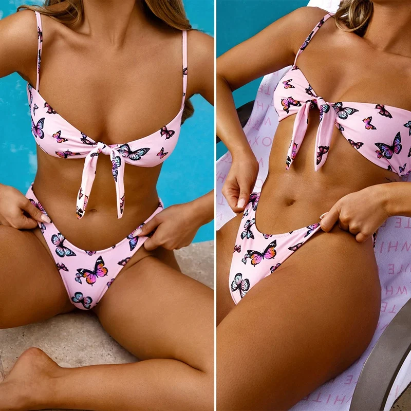 

Women's Split Bikini Ladies Swimsuit Butterfly Print Knotted Swimsuit Set Pink