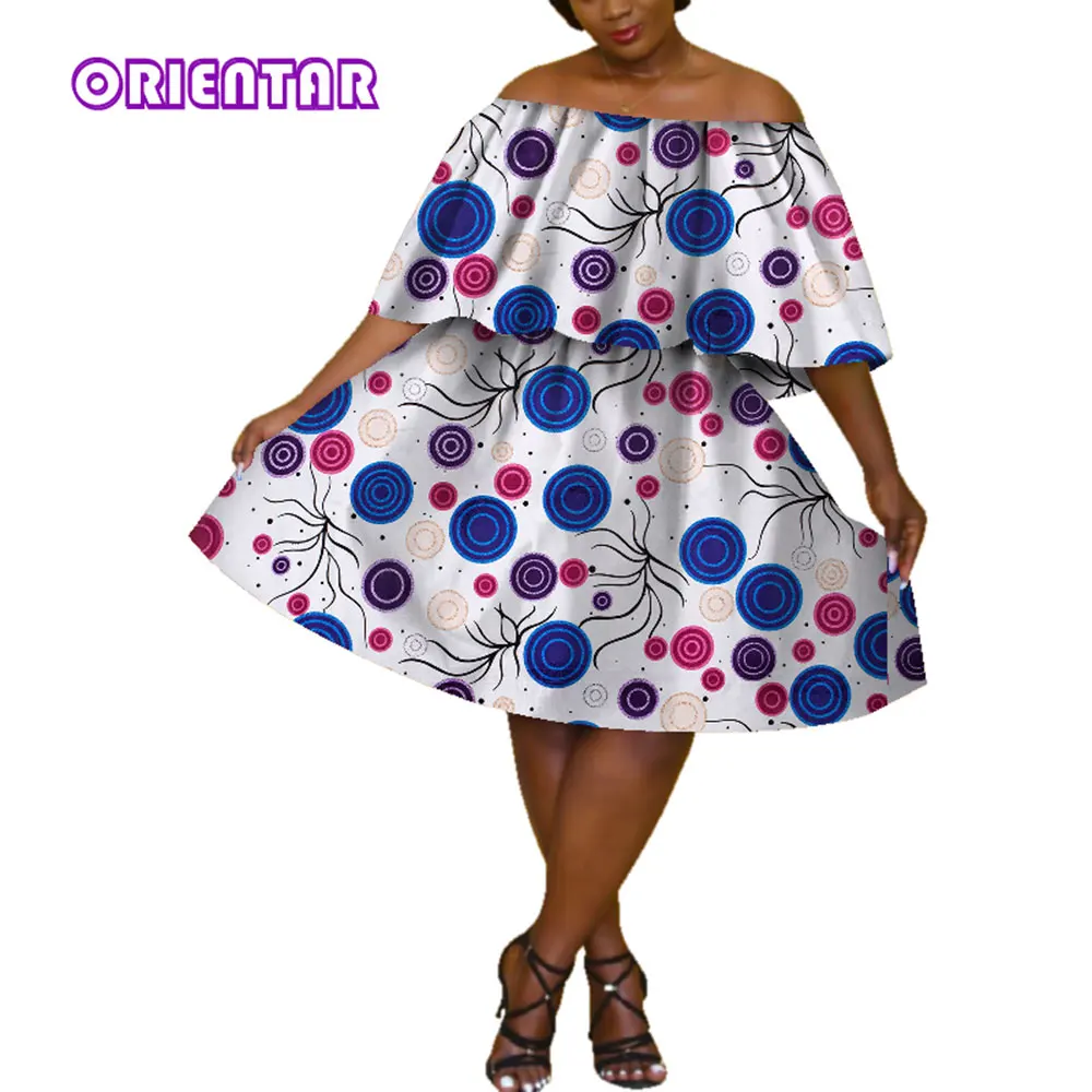 Fashion Boat Neck African Dresses for Women Bazin Riche Africa Print Slash Neck Summer Women Ankara Short Dress WY4385