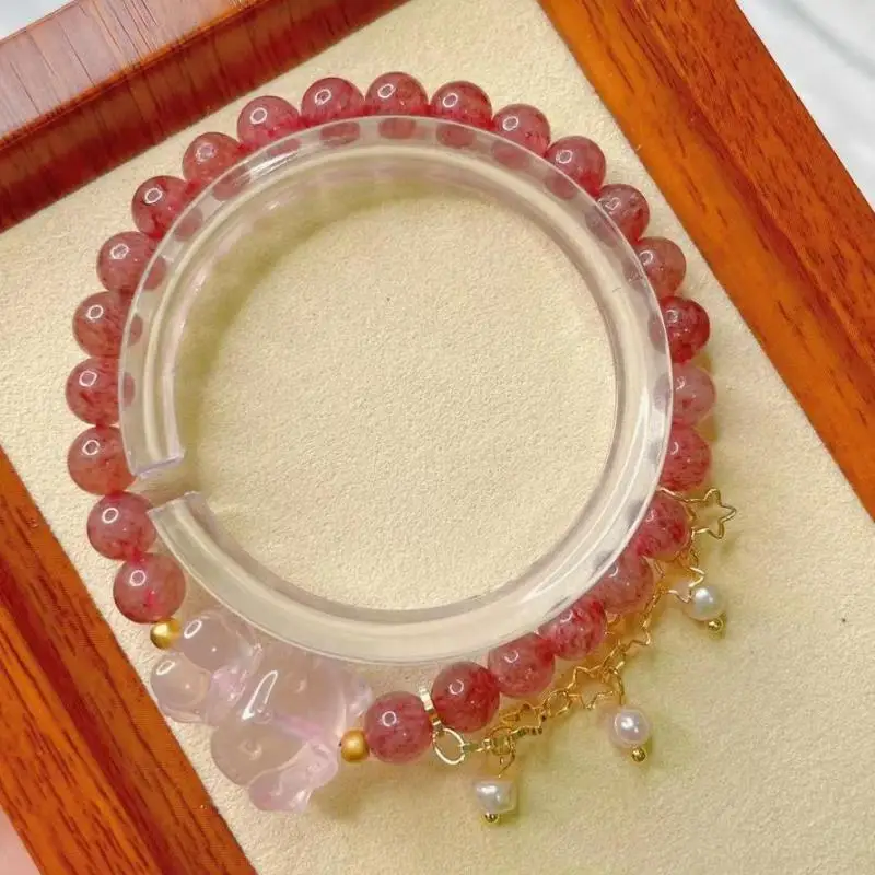 

8mm Strawberry Quartz Bracelet With Pink Crystal Cute Kitten Beads Pearl Tassel Bracelets Women Healing Gemstone Fine Jewelry