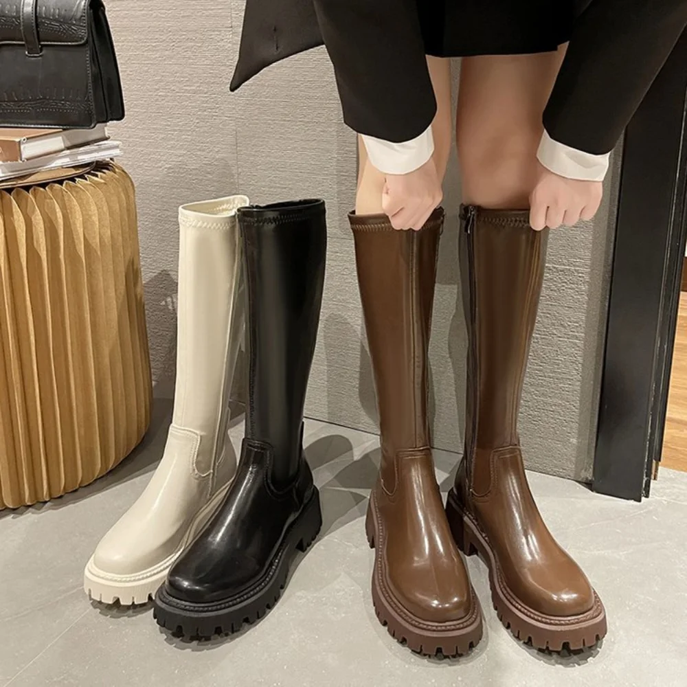 

Women Knee High Boots Soft Leather Platform Winter Motorcycle Shoes Woman High Heels Zipper Long Boots Ins Hot Chunky Shoes