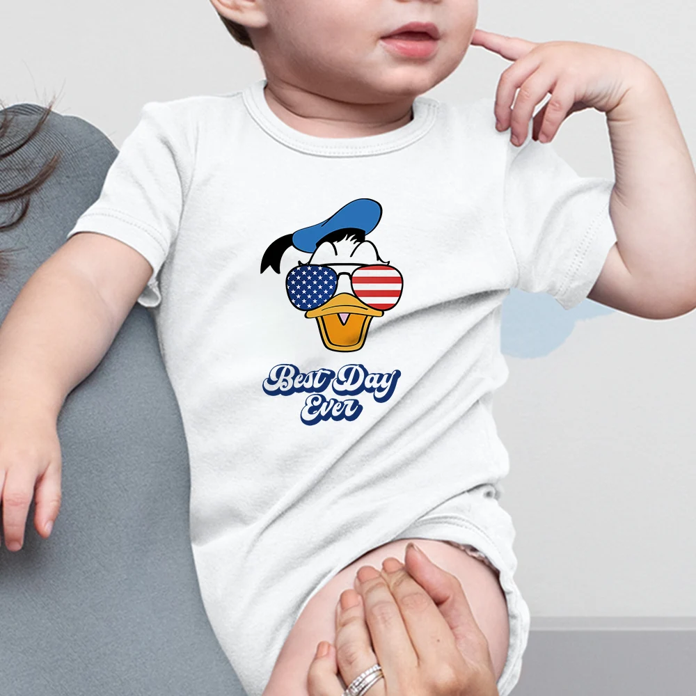 

Disney Baby Onesie Donald Duck Print American Flag Sunglasses Graphic Unisex White Romper 0-24M Size Infant Casual Jumpsuit