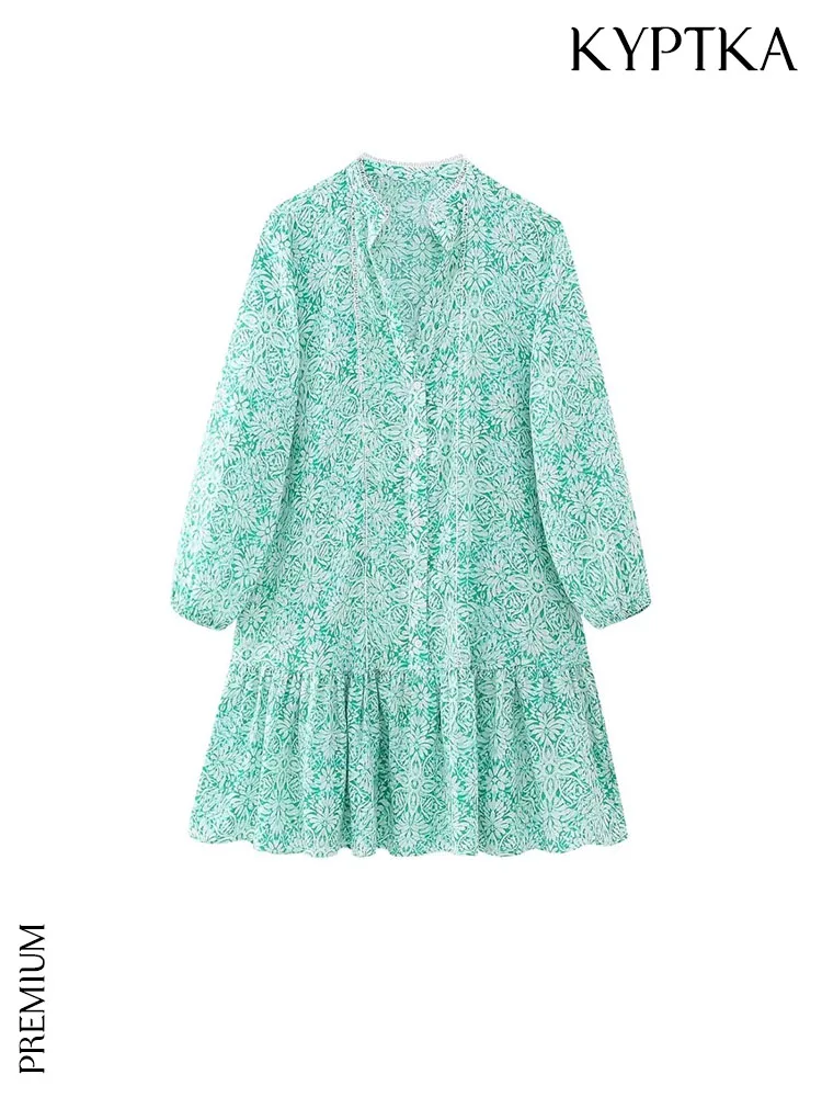 

KYPTKA Women Fashion With Lace Printed Ruffled Mini Dress Vintage Long Sleeve Button-up Female Dresses Vestidos Mujer