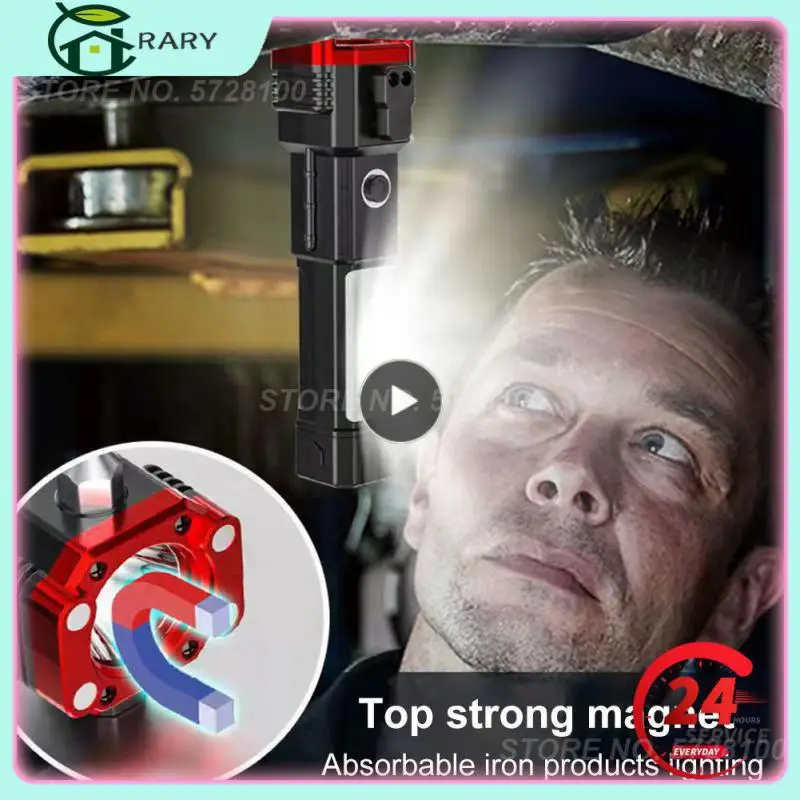 

Flashlight With Strong Magnetic Multi-functional Self-defense Flashlight Fire Self-rescue Car Safety Hammer Work Light 10w Led