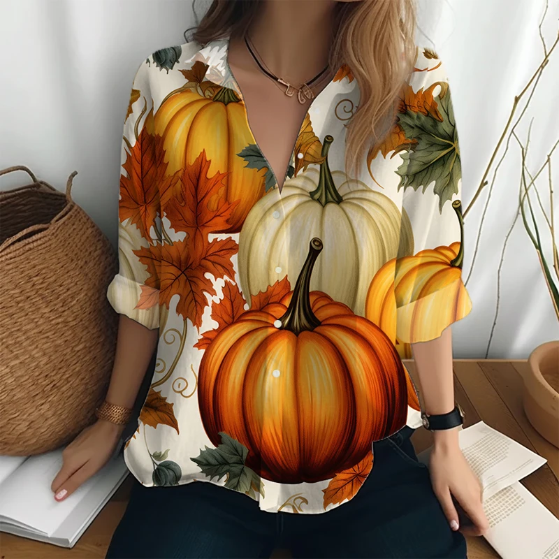 

Pumpkin 3D Printing Autumn Long -sleeved Shirt Outdoor Office Fashion Casual Shirt Female Classic Turn-down Collar Shirt