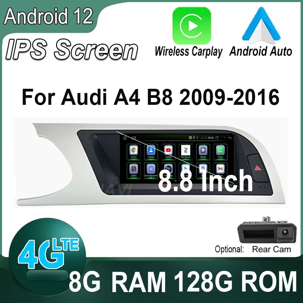 

Автомобильный плеер Carplay, 8,8 дюйма, 4G Lte, Android 12, для Audi A4L B8 2009 - 2016 IPS, мультимедийный плеер, радио, стерео, GPS-навигация, видео