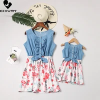 2022 mother daughter summer dresses sleeveless denim flower patchwork sundress mom mommy and me dress family matching outfits
