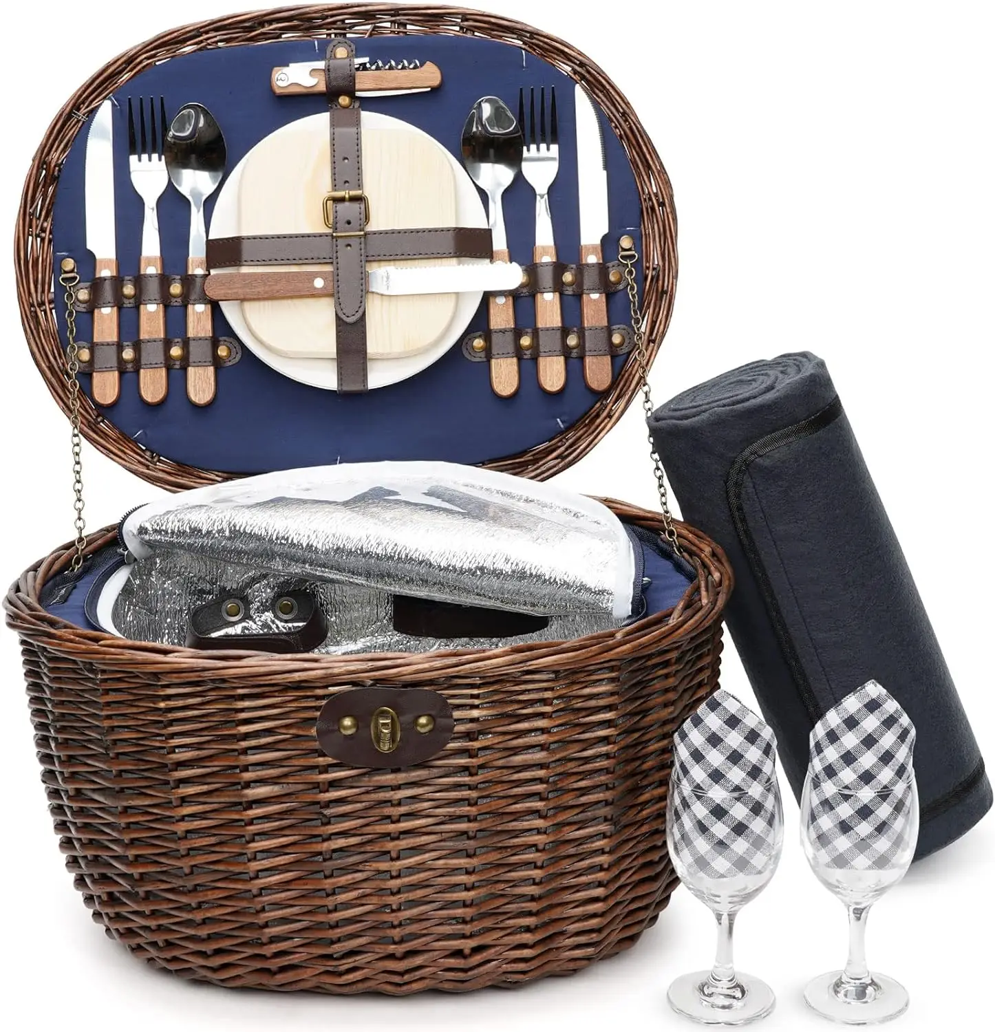 

Willow Picnic Basket for 2 Persons, Natural Wicker Picnic Hamper with Service Set and Insulated Cooler Bag - Best Gifts for Fath