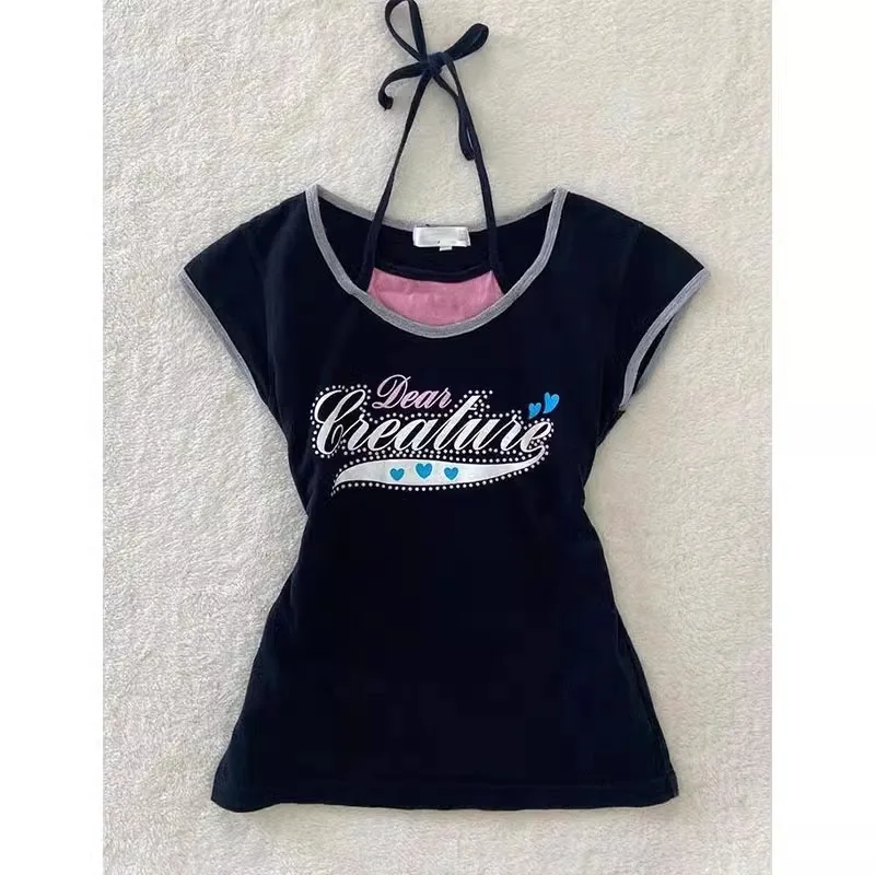 Повседневные модные облегающие винтажные Ретро футболки с лямкой на шее черная