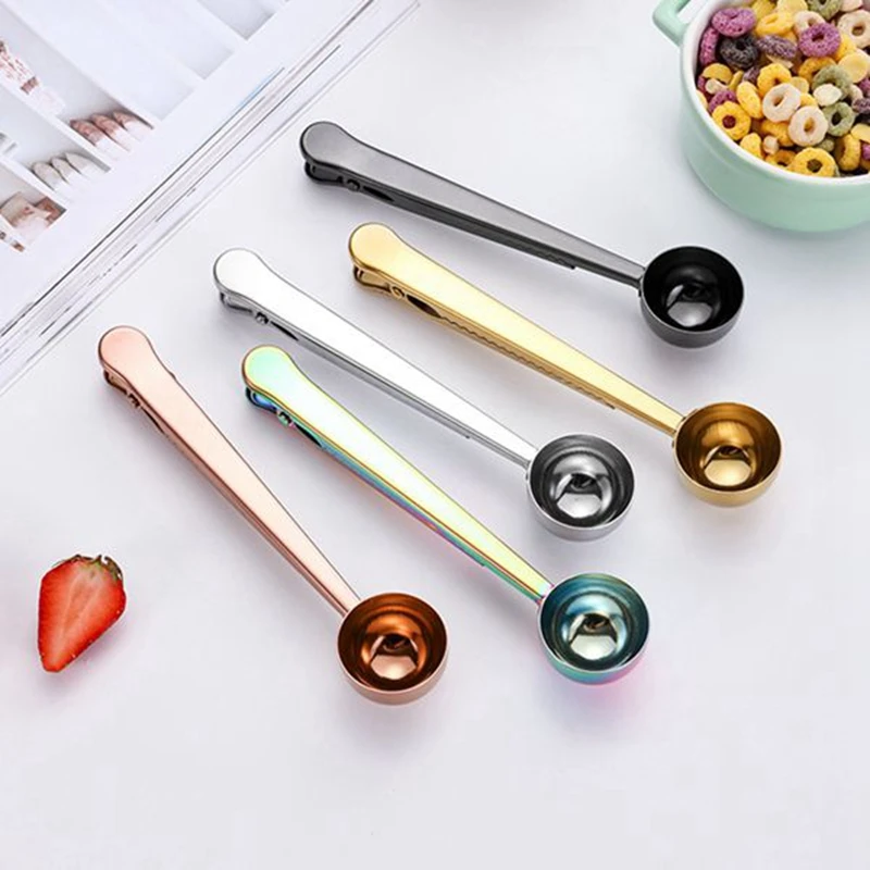 

5 PCS Coffee Scoop Clip 2-In-1 Coffee Measuring Spoon As Shown Stainless Steel With Sealing Clips Long Handle Spoon Bag Clip