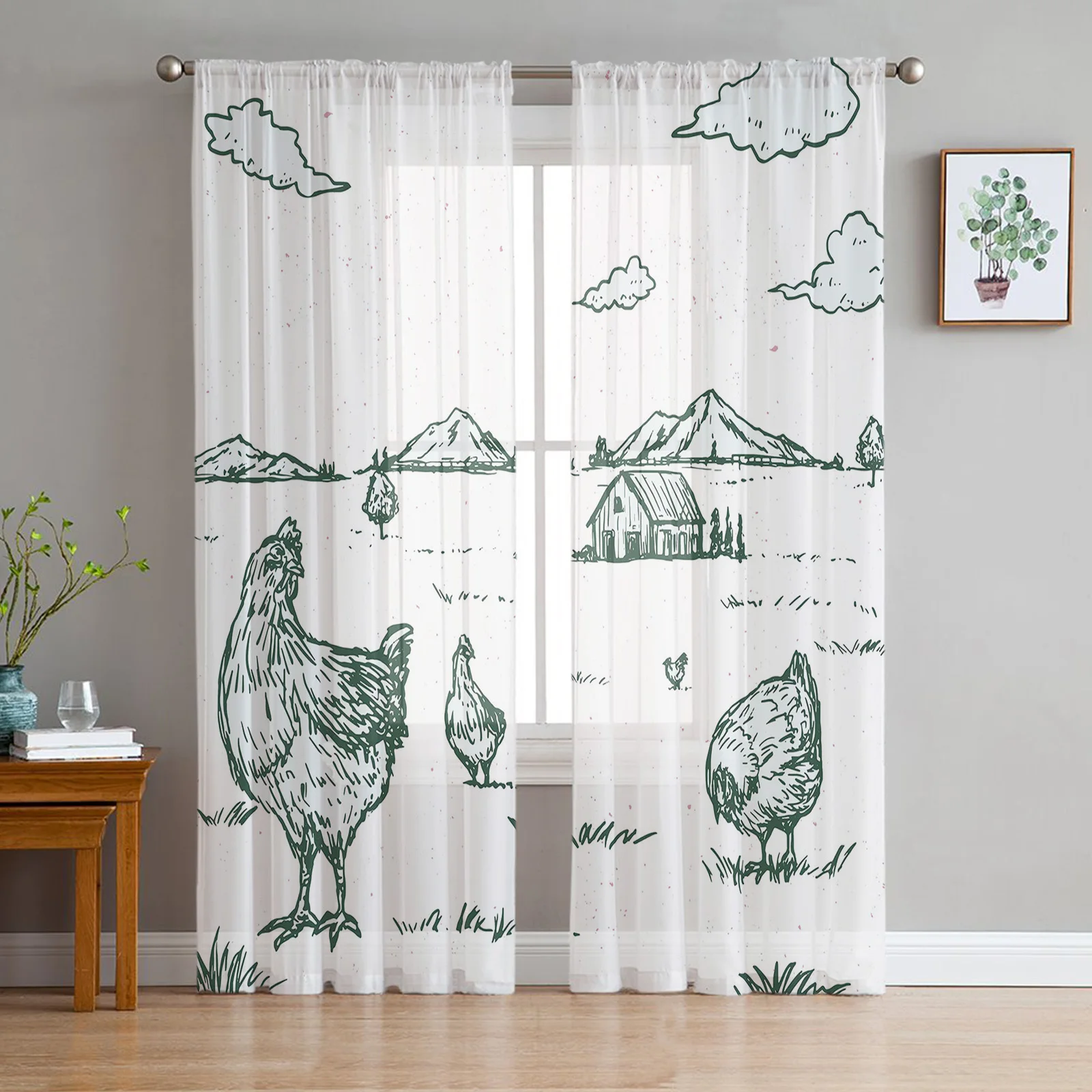 

Country Style Farm Chicken House Landscape Sheer Curtains for Living Room Bedroom Decor Window Voile Tulle Curtain Drapes