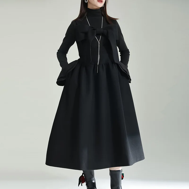 

2022 niche wool A-line dress loose and thin long style big bow suspenders skirt