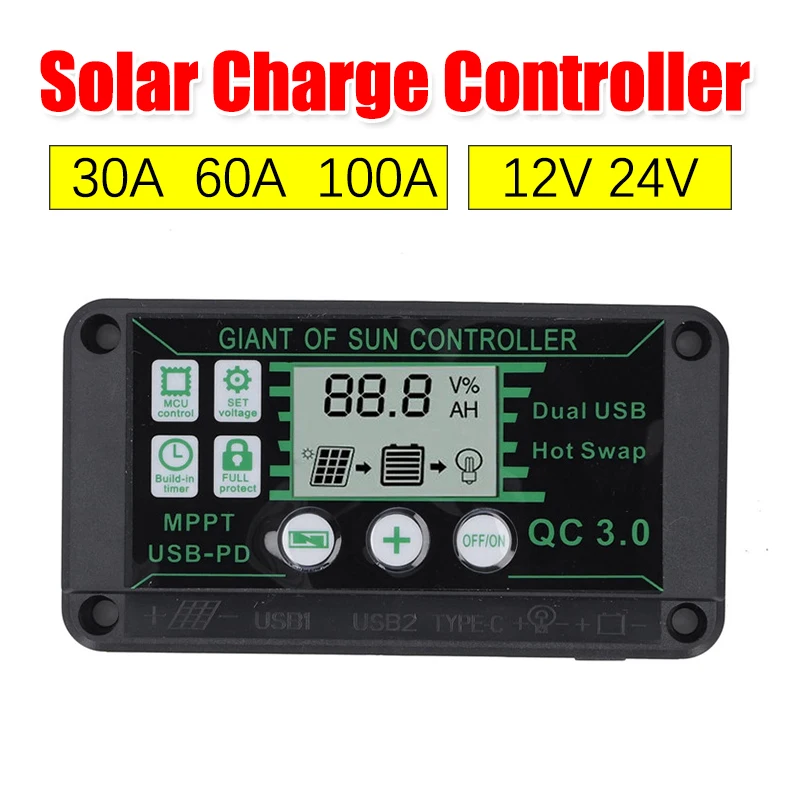 

Контроллер заряда солнечных батарей 100 А 60 А 30 А Mppt 12 В 24 В, регулятор солнечных батарей с двойным USB, автоматический регулятор панели с цифров...
