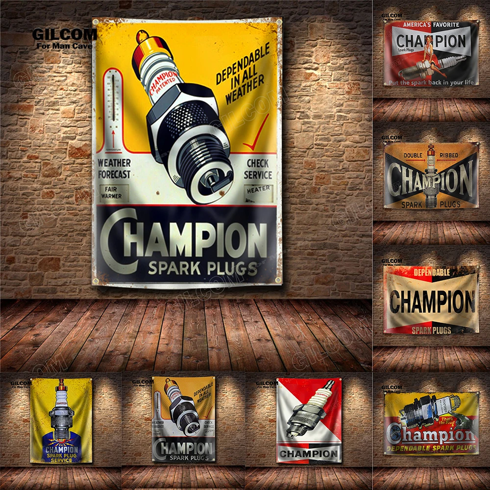 Флаг чемпиона, Свеча зажигания, служба дилеров США, плакат, художественная реклама, винтажный знак, темный мотор, мужская модель, паб, клуб, бар