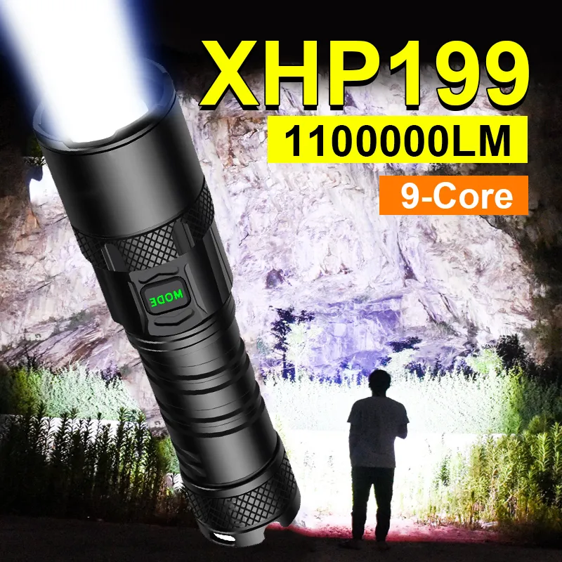 Süper XHP199 en güçlü LED el feneri şarj edilebilir LED meşale ışık XHP160 XHP90 yüksek güç el feneri 18650 taktik fener