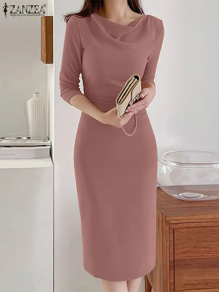 

ZANZEA Fashion Sundress Summer Solid Color Slim Dress Female Half Sleeve O-Neck Bodycorn Dresses Woman Elegant Party Robe 2023