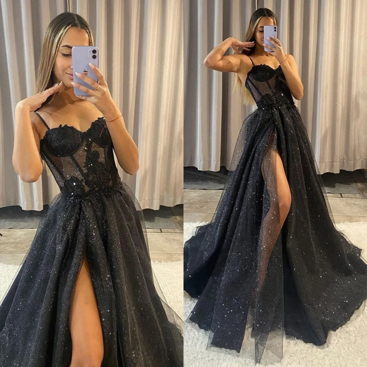 

Shiny Black A Line Prom Dresses Stunning Sequins Beads Sleeveless Evening Gowns Sweep Train High Split Celebrity Party Robes