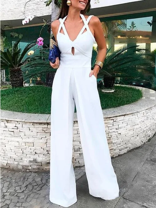 

Wedding Formal Gown 2021 New Lady Fashion Sexy V-Neck Sleeveless Halter Jumpsuit Women Hollow Out Elegant Rompers
