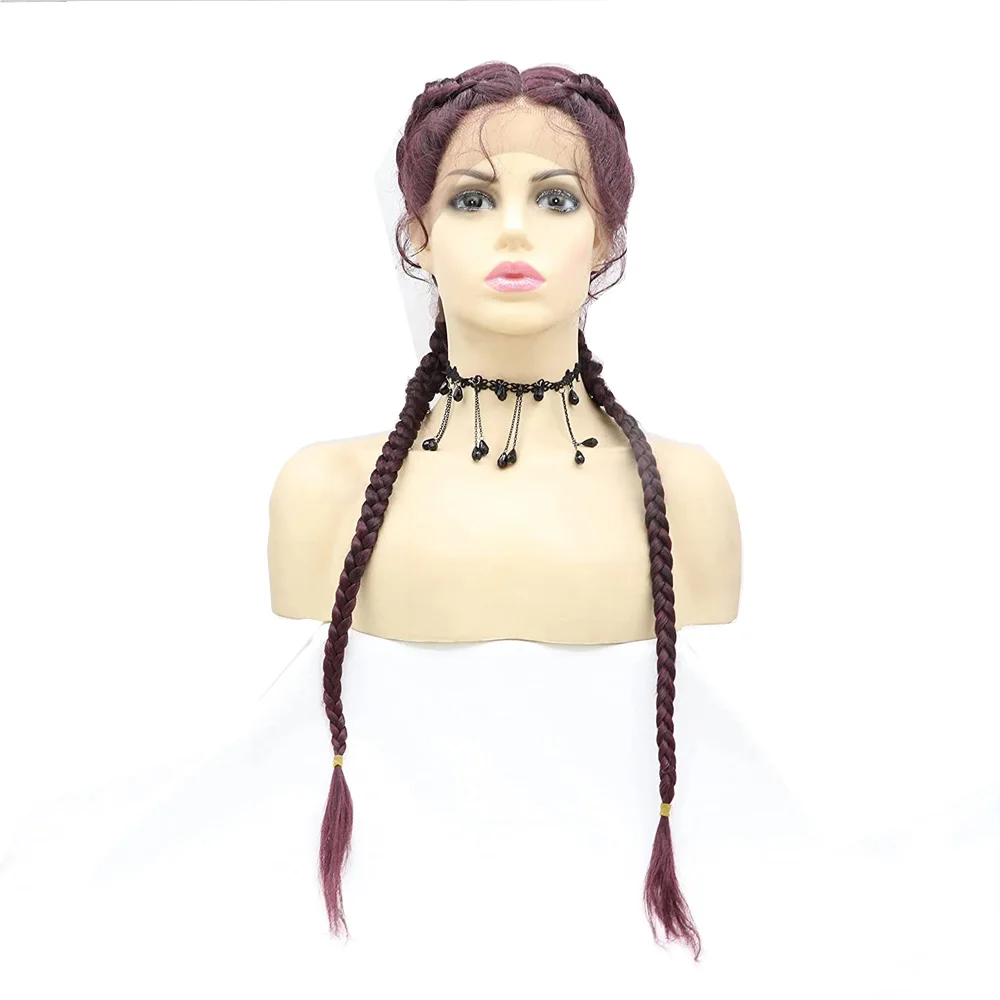 

99J Double Dutch Braided Wigs 100% Human Hand Add Weaving Wine Red Wig with Baby Hair for Women Makeup Traveling
