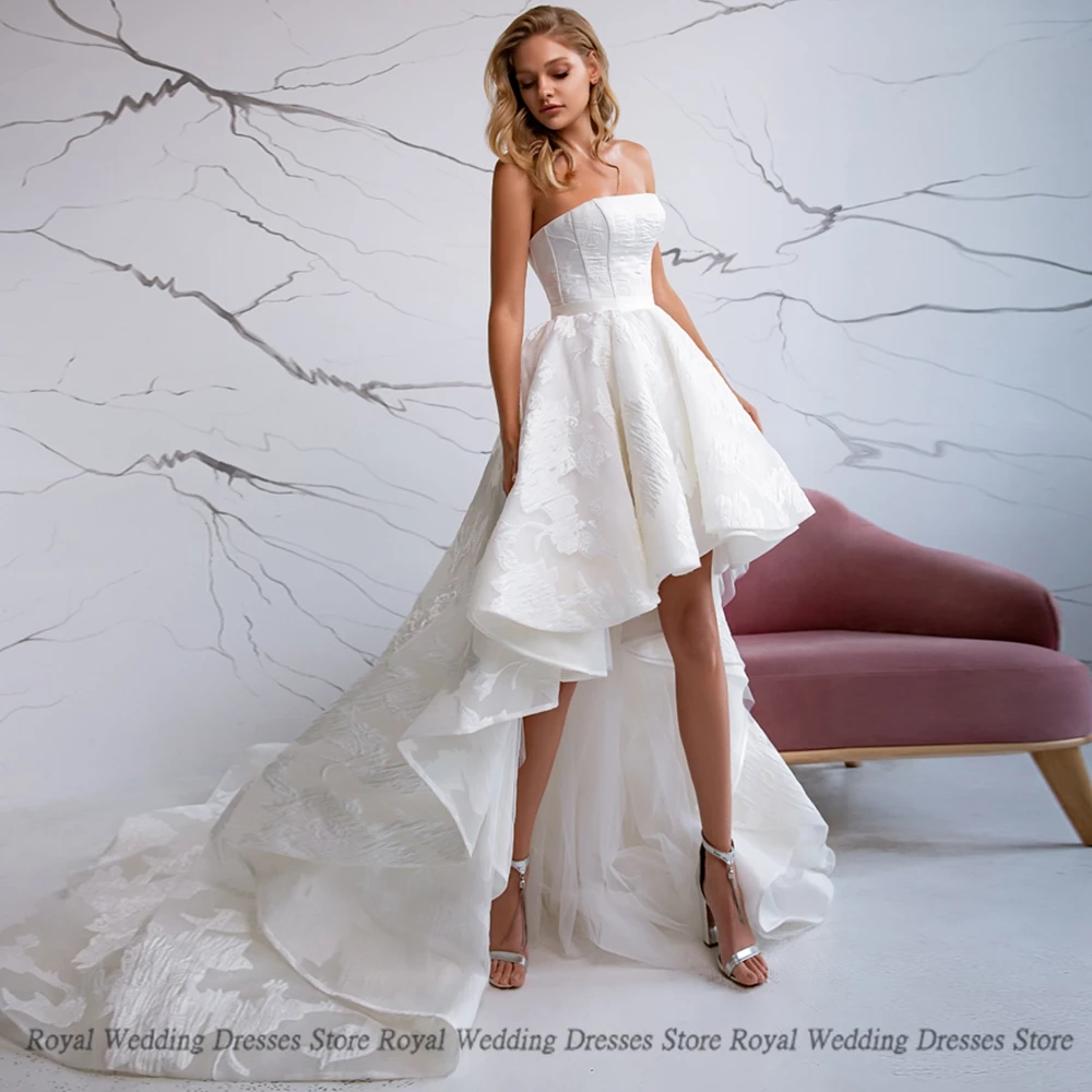 

High Quality A Line Wedding Dresses Draped Strapless Print Open Beck Hi-Lo Sweep 2022 Summer Floor Length Gowns Robe De Ma