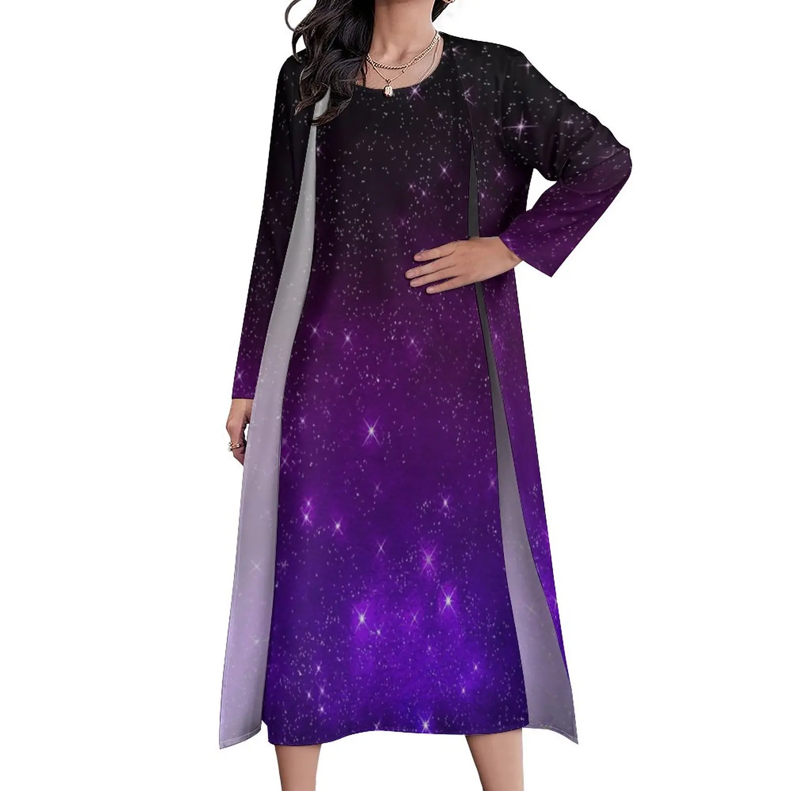 

Starry Night Dress Purple Galaxy Elegant Maxi Dress Aesthetic Bohemia Long Dresses Ladies Long Sleeve Graphic Oversize Clothing