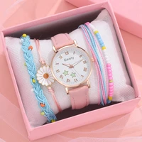new fashion quartz watch for women ladies cute pink leather band wrist watches 5pcs set bracelet watches set clock for girl gift
