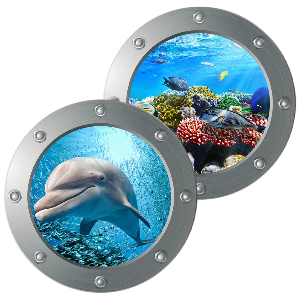 

2 Pcs Wall Sticker Dolphin Decals The Sea Porthole Animal Stickers Bathroom Decor Murals Bedroom Ocean Whale