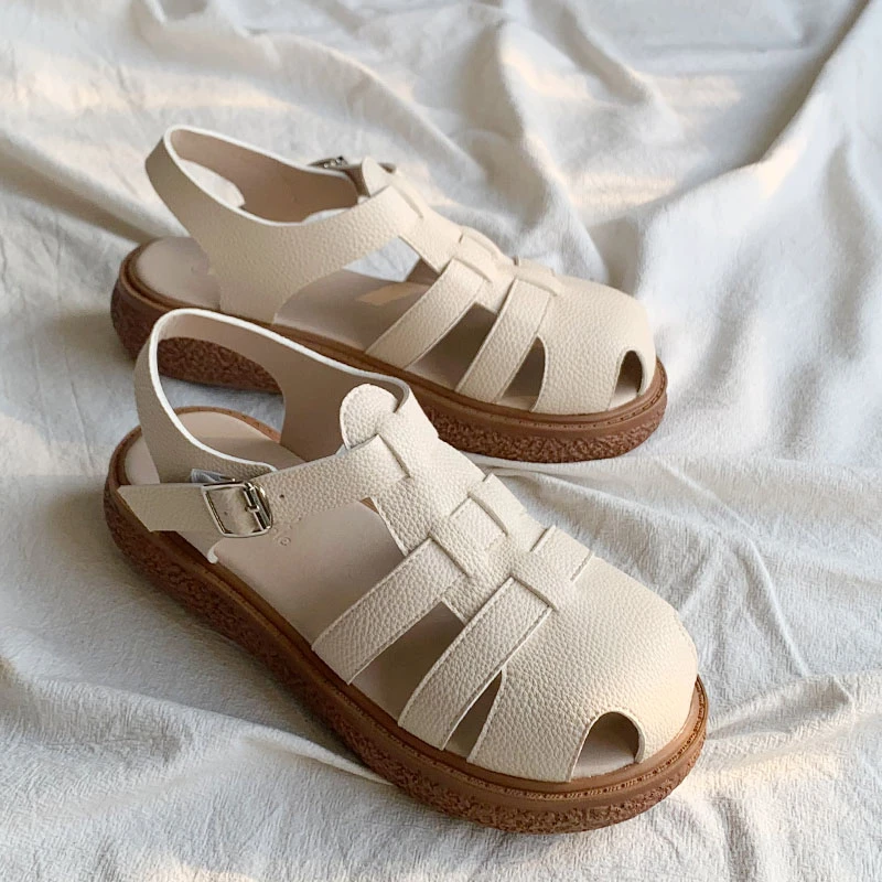 

Cross Weaving Narrow Band Sandalias Mujer Ankle Buckle round Toe Flats Slippers Vintage Cut-out Gladiator Sandals Casual Shoes