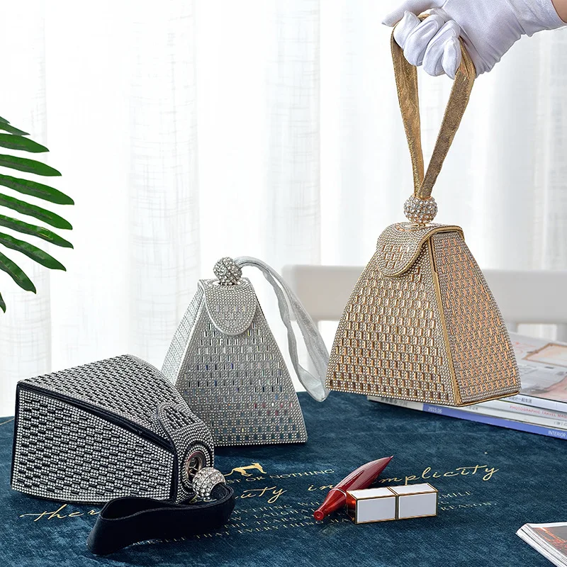 

Excellent Design Triangular Crystal Party Handbags Ladies Wedding Dinner Dress Bags Women Gold Bag