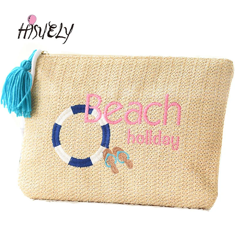 

New Embroidery Cactus Banana Swimmer Straw Bag Woven Beach Handbag Women Cute Tassel Purse Wallet Girl Party Gift sac