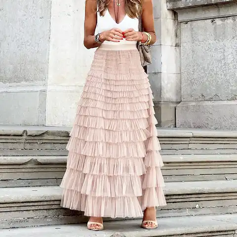 Office Lady Sweet Pleated Long Skirt Summer Streetwear Fashion Mesh Layered Cake Skirt Elegant High Waist Swing Club Party Skirt
