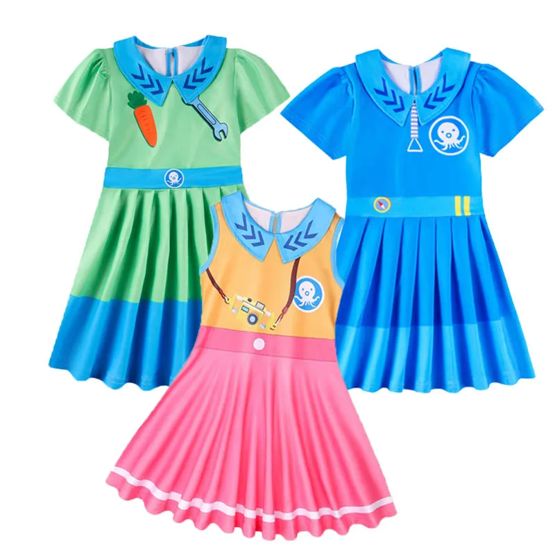 Summer Kids Clothes Baby Girls The Octonauts Dress Short Sleeve Octopus Print Ice Silk Princess Vestidos Children Cute Outfits