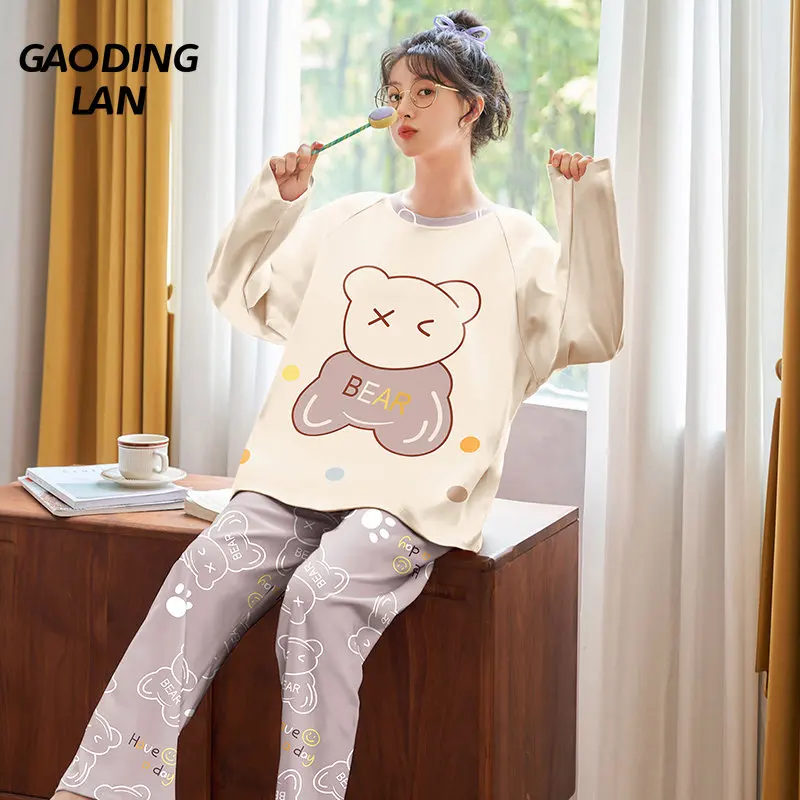 

GAODINGLAN Purple Cartoon Bear Print Long Sleeve Women Pajamas Set Round Neck Pullover Sleepwear Suit Autumn Winter Home Pyjamas